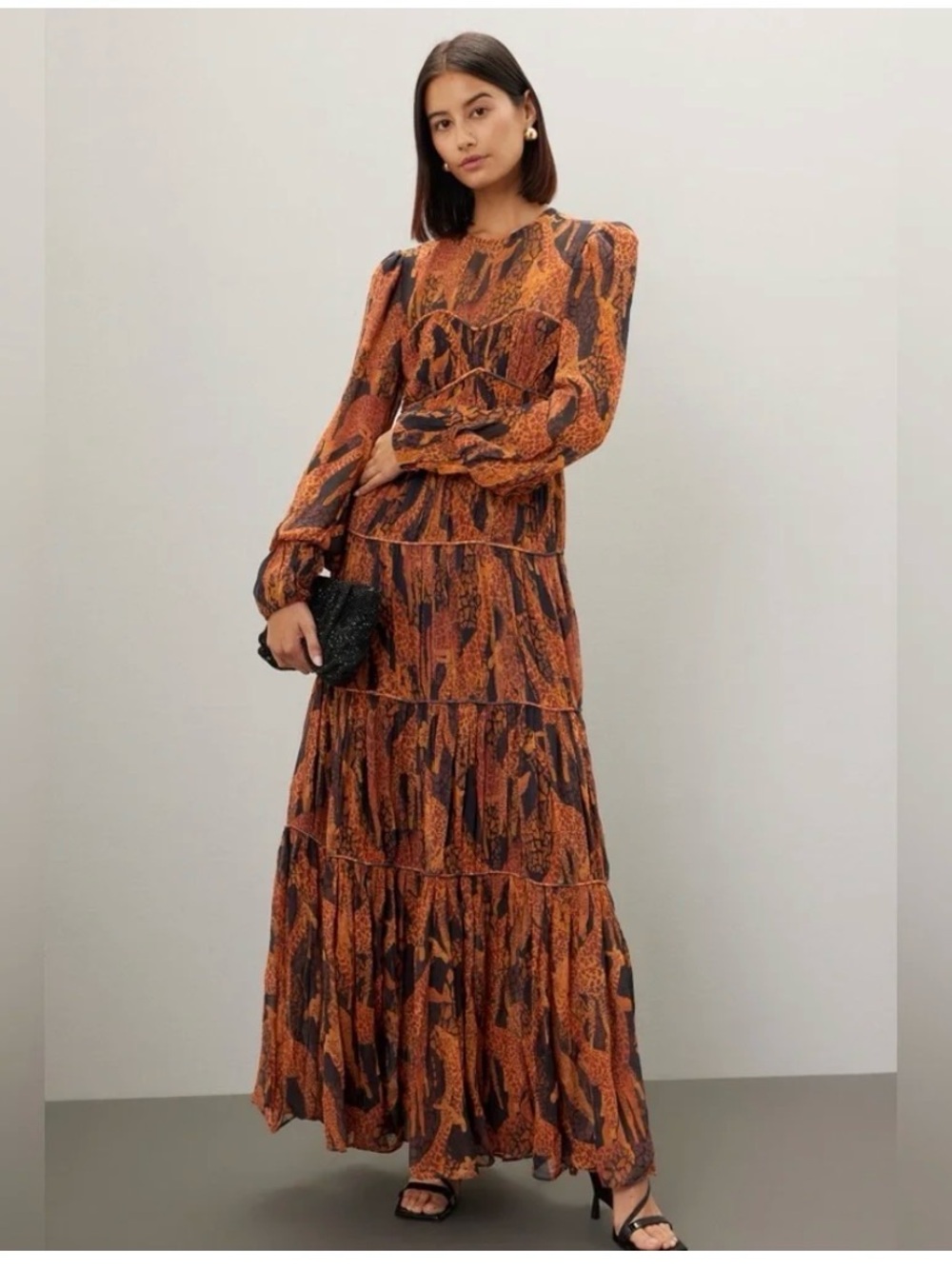 Farm Rio Orange and Black long sleeve dress